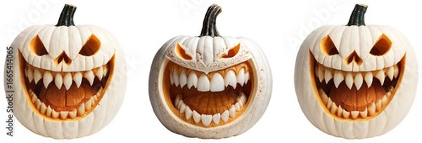 Fototapeta Spooky White Halloween Pumpkin Carvings with teeth: Set of Different Designs Jack o Lanterns on a transparent background