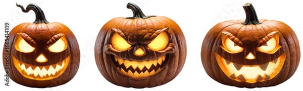 Fototapeta Set of Halloween Jack o Lanterns with Scary Expressions on a transparent background