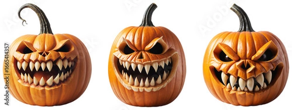 Fototapeta Spooky Halloween Pumpkin Carvings with teeth: Set of Different Designs on a transparent background