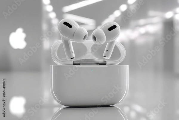 Fototapeta Close up studio shot of Apple Airpod Pros in charging case with blurred background, product shot, technology, digital, and wireless accessories, high quality sound for the modern lifestyle.