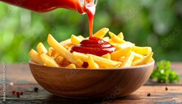 Fototapeta Ketchup pouring on french fries.