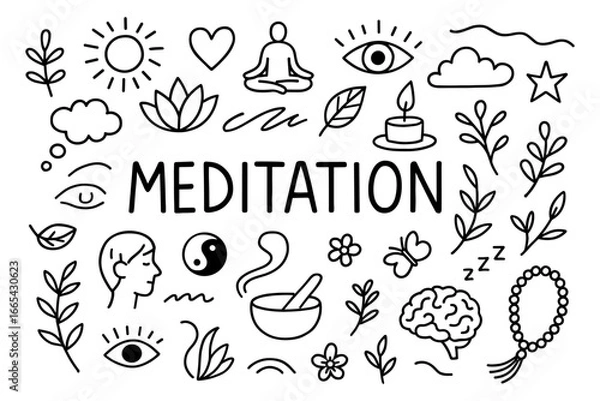 Fototapeta Mindfulness and relaxation: hand-drawn symbols of meditation and peace