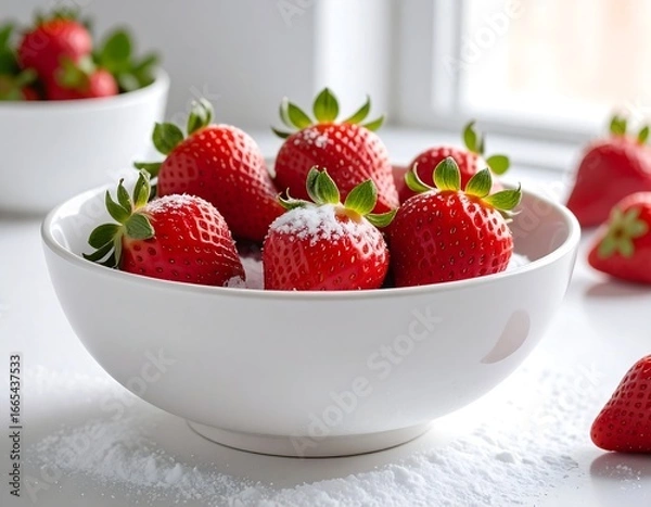 Fototapeta Fresh strawberries in a bowl, dusted with sugar