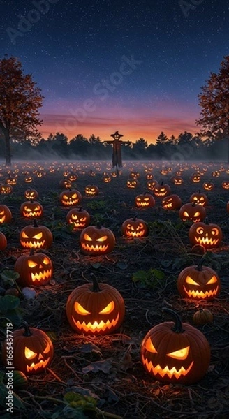 Fototapeta A sprawling field of illuminated Jack-o'-lanterns and a scarecrow at twilight, with a starry blue and orange sky overhead, evoking a festive Halloween night.