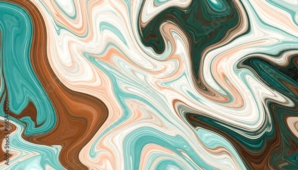 Fototapeta A captivating abstract design featuring swirling patterns of teal, brown, and peach tones on a white background, evoking a serene and dynamic visual experience.