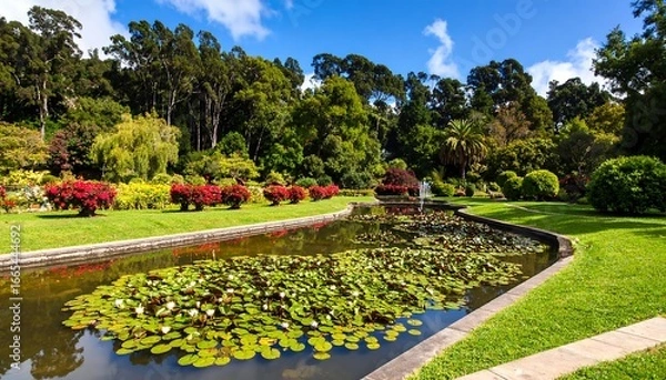 Fototapeta Serene garden pond with vibrant blooms and lush greenery under a bright sky.  A tranquil scene of meticulously maintained flowerbeds lining a tranquil water feature.