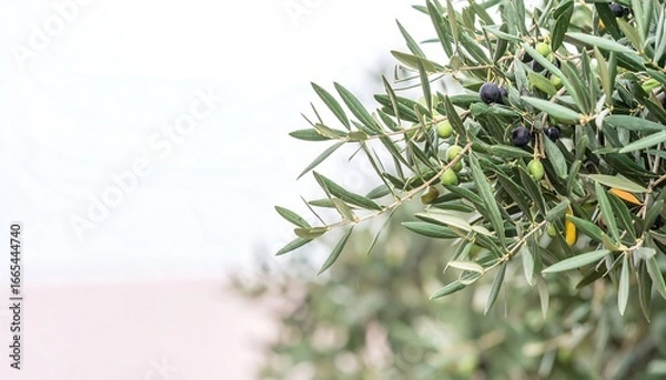 Fototapeta Fresh green olive branches with ripe olives, showcasing the vibrant foliage against a soft, light background.