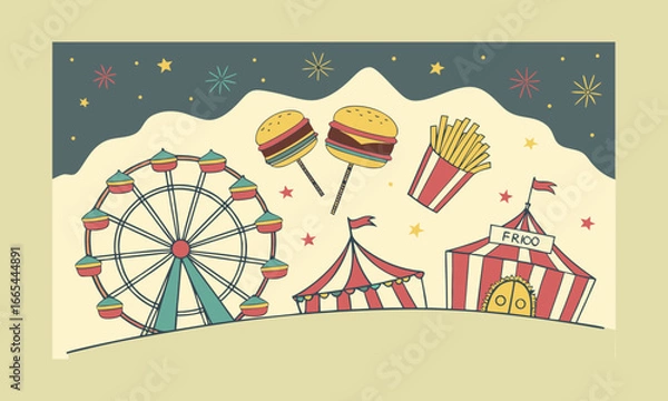Obraz A whimsical carnival scene where fast food items such as burgers, fries, nuggets, and hotdogs burst like fireworks in the night sky.
