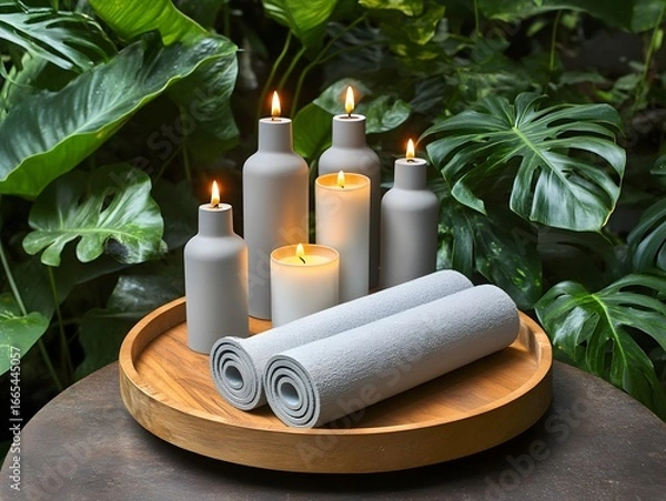 Fototapeta Serene Spa Scene, Candles, Towels, and Lush Greenery