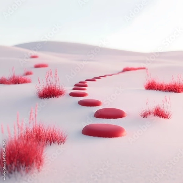 Fototapeta Serene Red Stones Path in Minimalist Winter Landscape