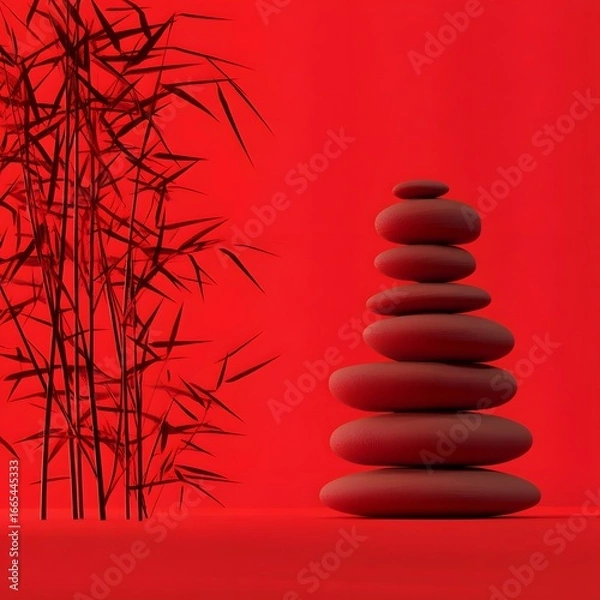 Obraz Red Background Zen Stones and Bamboo Minimalist Spa Image