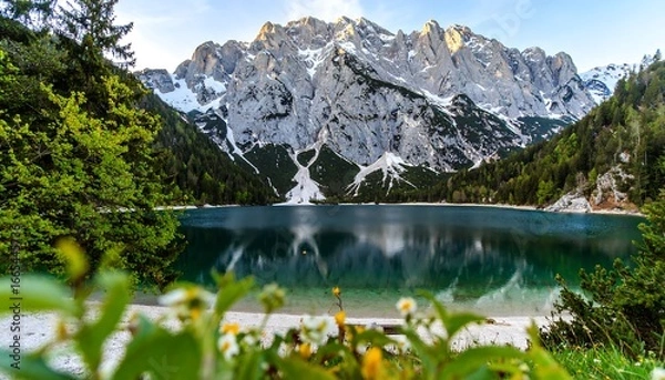 Fototapeta A tranquil mountain lake nestled amongst towering peaks, showcasing a serene reflection of the surrounding landscape in its calm waters.