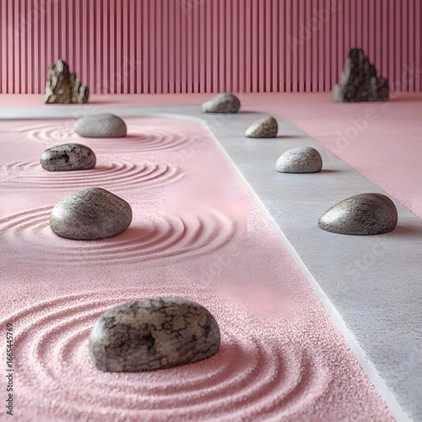 Fototapeta Serene Pink Sand Zen Garden with Grey Stones and Circular Patterns