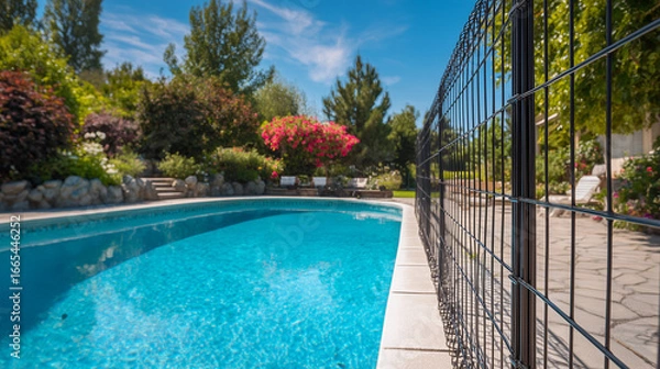 Fototapeta Backyard in ground pool with a pool fence surrounding, for child safety and drowning prevention