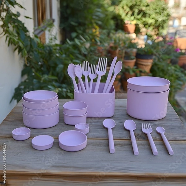 Fototapeta Pastel Purple Utensil Set and Bowls on Wooden Table Outdoor Setting