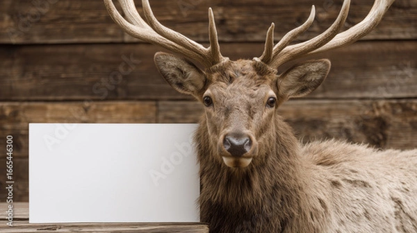 Fototapeta Elk with a blank white sign for your text, wooden background, Hunting lodge style