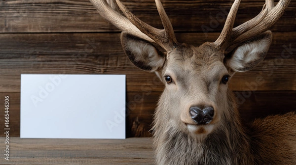 Fototapeta Elk with a blank white sign for your text, wooden background, Hunting lodge style