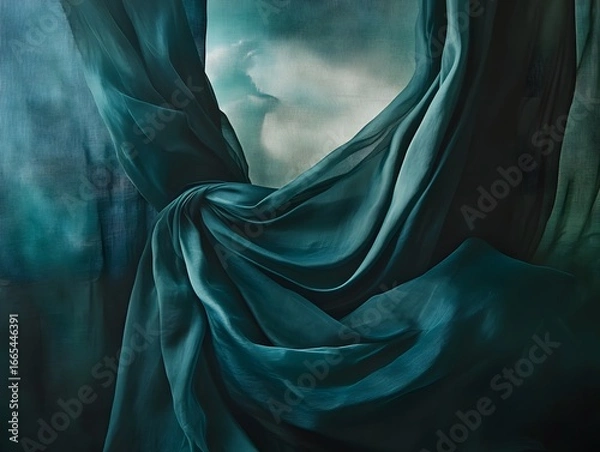 Obraz Dramatic Teal Silk Fabric Drapes Abstract Background