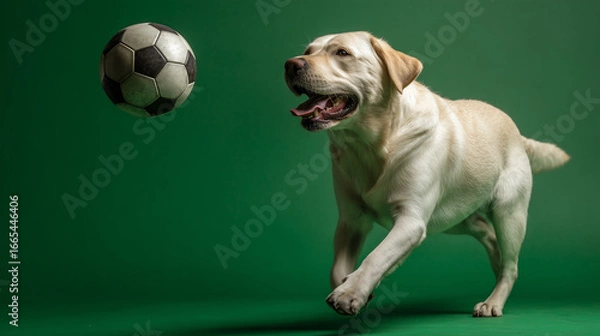 Fototapeta Labrador retriever dog playing and chasing a soccer ball, green background with copyspace
