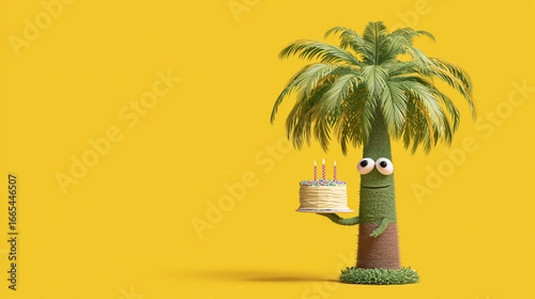 Fototapeta Palm tree holding a birthday cake on a yellow background with copyspace