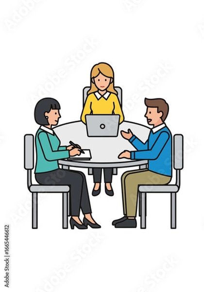 Fototapeta Three People Meeting Around a Round Table with Laptop and Notebook.