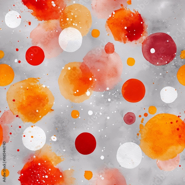 Fototapeta Watercolor splashes with grey, orange, white and red dots, Seamless pattern background