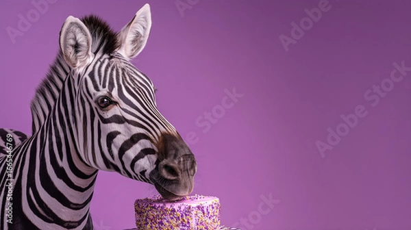 Fototapeta Zebra with a happy birthday cake, copyspace, on purple background