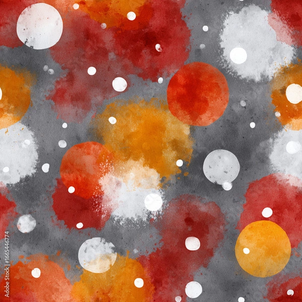 Fototapeta Watercolor splashes with grey, orange, white and red dots, Seamless pattern background