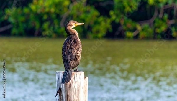 Fototapeta A brown pelican perches on a weathered wooden post by a calm body of water, its plumage catching the soft light.