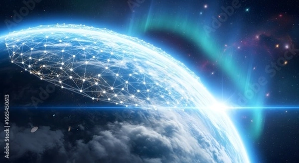 Fototapeta Pemandangan bumi yang menakjubkan dengan jaringan global yang menghubungkan benua, sempurna untuk konsep teknologi dan inovasi