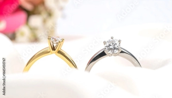 Fototapeta Two elegant diamond engagement rings, one gold and one silver, rest on a soft white surface, showcasing the brilliance of the gems.