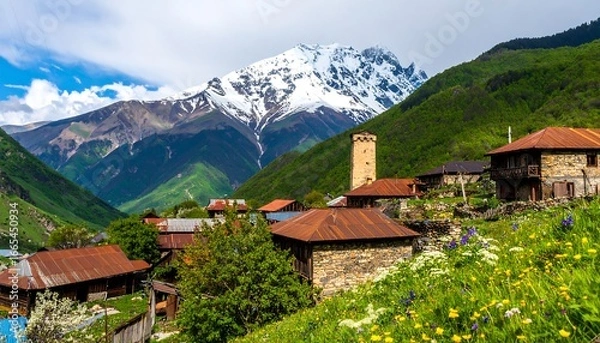 Fototapeta A picturesque mountain village nestled amongst verdant hills and snow-capped peaks, showcasing traditional stone structures with vibrant roofs.
