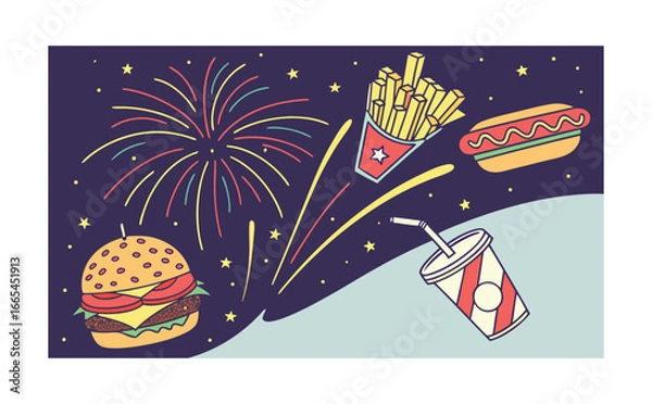 Obraz A glowing burst of neon fireworks transforming into fast food combinations including burgers, nuggets, fries, pizza, and milkshakes floating in the sky.