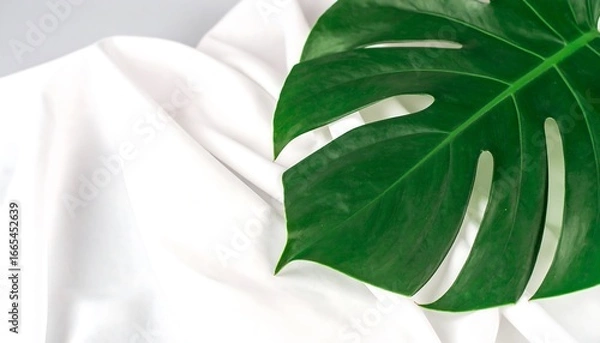 Obraz A vibrant green monstera leaf rests elegantly on a smooth white fabric surface.