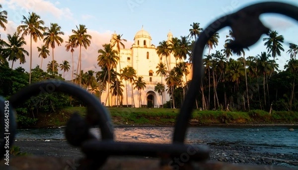 Fototapeta A serene, sun-drenched view of a historic white church amidst tropical greenery, framed by a flowing river and tropical palm trees.