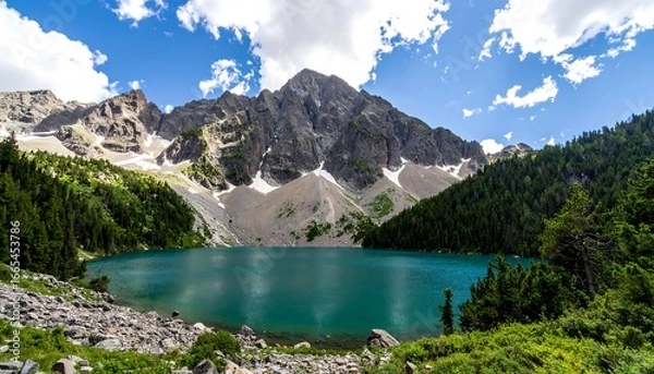 Obraz A serene mountain lake nestled amidst towering peaks, showcasing a vibrant turquoise water reflecting a dramatic sky filled with puffy white clouds.