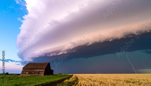 Fototapeta A dramatic storm cloud hovers over a weathered farmhouse in a golden wheat field, illuminated by a powerful lightning strike.