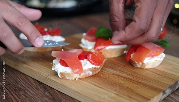 Obraz Hands prepare delicious appetizers, arranging slices of smoked salmon, creamy cheese, and red peppers on toasted bread.