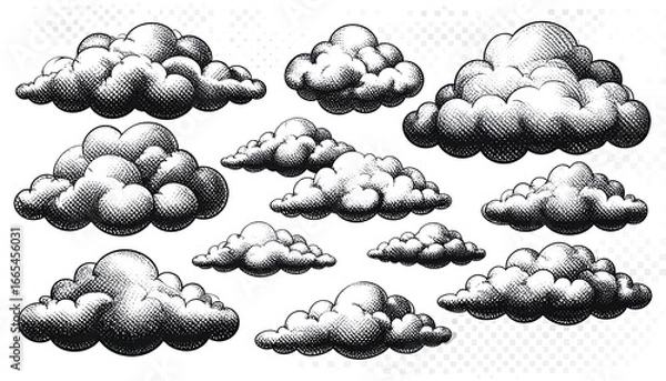 Obraz A collection of diverse, textured cloud designs in a vintage style, perfect for illustrations, graphic elements, or design templates.