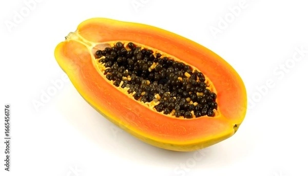 Obraz A vibrant, fresh papaya slice, displaying its vibrant orange and yellow flesh, showcasing numerous dark seeds within a simple, clean, white background.