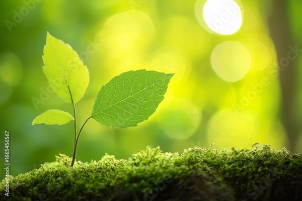Fototapeta Young sprout emerging from moss-covered earth, bathed in sunlight