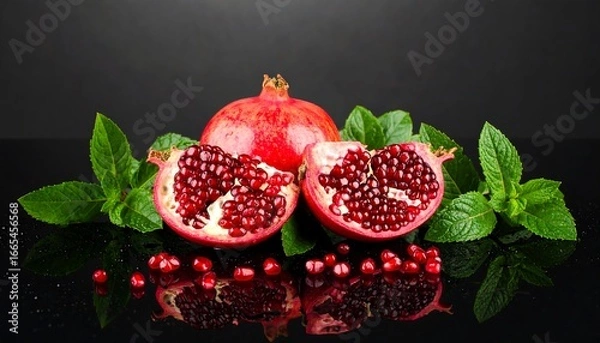 Obraz Freshly cut pomegranate halves and seeds rest amongst vibrant green mint leaves, showcasing a rich red hue against a dramatic black backdrop.