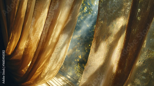 Obraz Soft morning light filtering through sheer curtains in a cozy room with greenery outside Generative AI