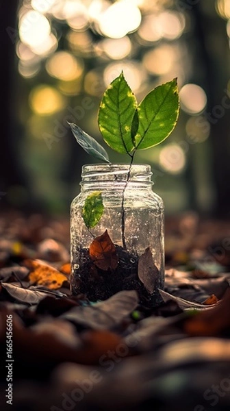 Fototapeta Young sprout in glass jar, surrounded by autumn leaves
