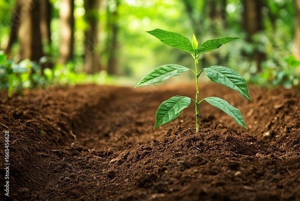 Fototapeta Young sprout in fertile soil, forest background