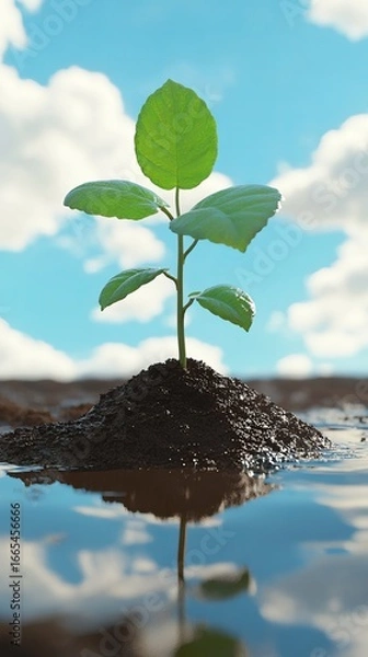 Fototapeta Young sprout in puddle, reflecting sky