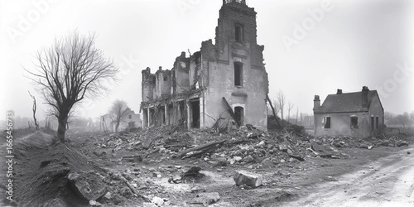 Fototapeta Black and white photograph captures ruins left by forces after withdrawal during World War. Collapsed buildings with scattered debris show devastation. Documentary chronicle shoots of human stupidity