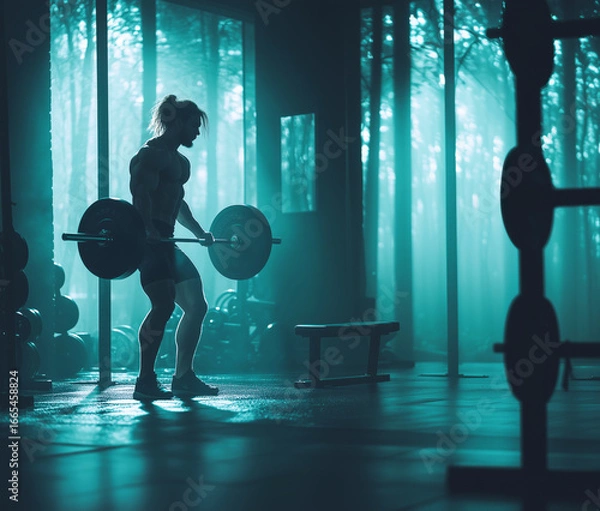 Fototapeta Man doing barbell squats in gym with full-body shot. Modern aesthetic Fitness-focused scene emphasizing strength and dedication in well-equipped workout space. People activities and health concept