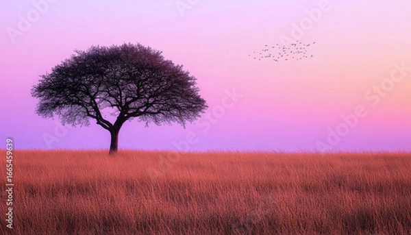 Fototapeta Serene landscape image shows lone tree in open field with tall golden grass, soft pastel sky in purple pink tones. Birds fly above evoking calm movement. Low-angle view enhances minimalist tranquility