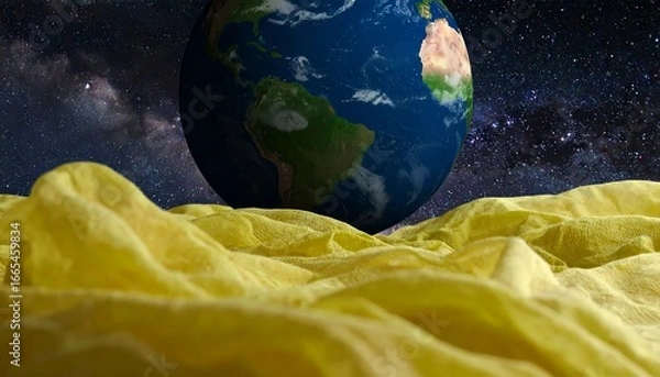 Obraz A vibrant yellow fabric drapes over a cosmic backdrop, showcasing the Earth suspended above.